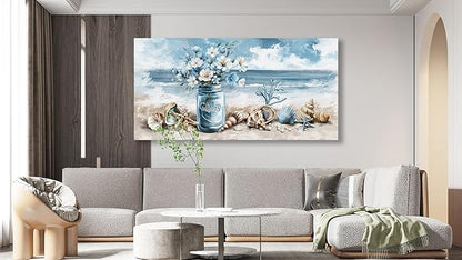 yearainn Coastal Canvas Wall Art - Rustic Jar Flowers Pictures Wall Decor Seashells Seaside Painting Artwork Ocean Landscape Prints for Living Room Bedroom Office Home Decor Ready to Hang 40" x 20"