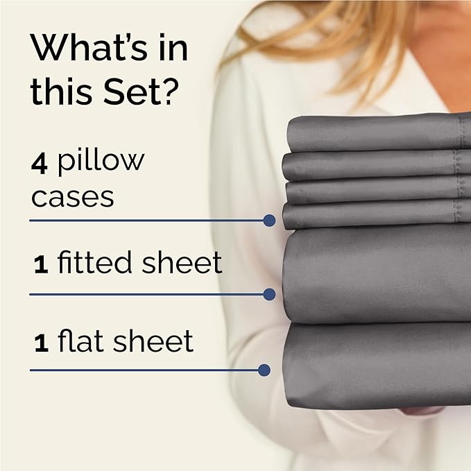 Full 6 Piece Sheet Set - Cooling, Comfy & Breathable - Hotel Luxury Bedding, Includes Fitted Sheet for Women, Men, Kids & Teens - 1 Flat, 1 Fitted Sheet, 4 Pillowcases with Deep Pockets - Dark Grey