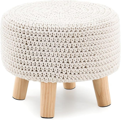 LGENHOOM Boho Ottoman Foot Stool Cotton Knitted Round Pouf Ottoman Foot Rest Stool with Non-Skid Wooden Legs Step Stool Padded Seat for Living Room White