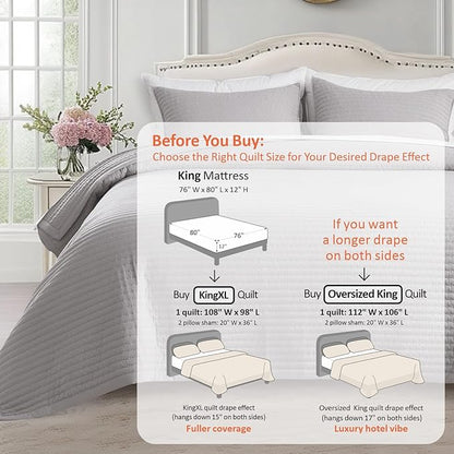 KASENTEX King XL Quilt Set 108"x98" – Soft Washed 3-Layer Lightweight Bedspread, Minimalist Nordic Design, All-Season Spring & Summer Quilt Set (1 Quilt + 2 Pillow Shams), Gull