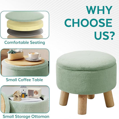 FIMIVIBI Small Foot Stool Ottoman with Storage, Soft Faux Fur Ottoman Foot Rest for Couch, Round Footstool with Storage, Small Ottomans and Footstools for Living Room and Entryway (Light Green)