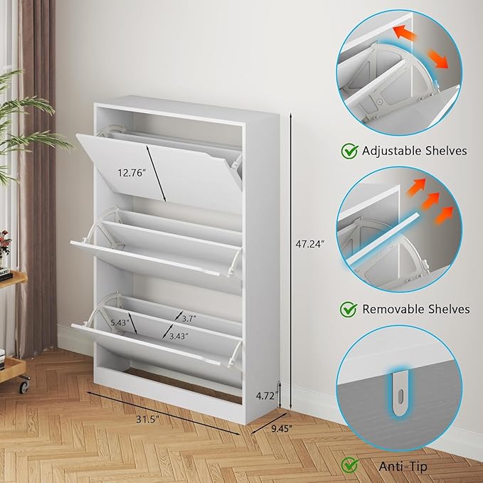 Shoe Cabinet with 3 Flip Drawers, Hidden Wood Shoe Cabinet,Freestanding Shoe Storage Cabinet for Entryway Hallway.White. 47.2" H*31.5" W*9.45" D.