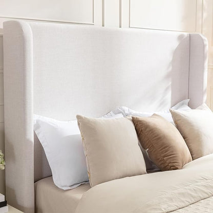Harper Upholstered Bed with 54" Tall Headboard - Wingback Chenille Platform Bed Frame, Solid Wood Feet, Sturdy Metal Base, Easy Assembly (Textured Ivory, King (U.S. Standard))