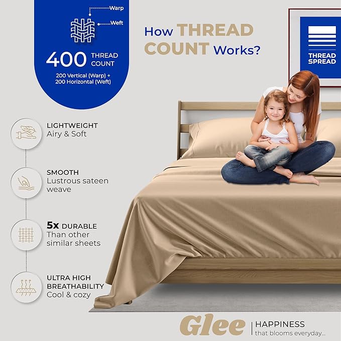THREAD SPREAD Full Size Sheets Cotton - 400 Thread Count 4 PC 100% Cotton Full Size Sheet Sets, 16” Deep Pocket Full Size Sheets Set, Cooling Full Sheet Set, Luxury Hotel Sheets & Pillowcases (Taupe)