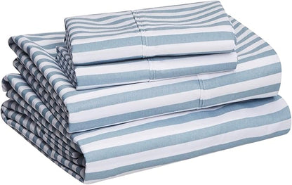 Amazon Basics Lightweight Super Soft Easy Care Microfiber 4 Piece Bed Sheet Set With 14-inch Deep Pockets - Queen, Dusty Blue Pinstripe,Printed