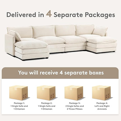 ROWHY 148'' Sectional Cloud Couch with 2 Ottomans, Oversized 4 Seat Sleeper Sofa with 2 Throw Pillows, Convertible Upholstered U Shaped Cozy Sofa Furniture Set for Living Room and Office, Beige