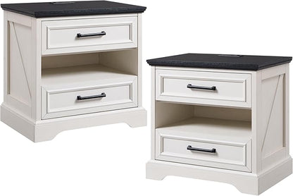 ACCOHOHO 24" Farmhouse Nightstand Set of 2 with Charging Station, 2 Drawers Large Bedside Table with Open Shelf, Rustic End Table for Bedroom - White