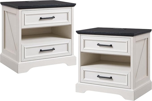 ACCOHOHO 24" Farmhouse Nightstand Set of 2 with Charging Station, 2 Drawers Large Bedside Table with Open Shelf, Rustic End Table for Bedroom - White