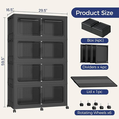 160GAL Storage Bins with Lid and Wheels, Stackable Closet Organizers and Storage Drawer, Collapsible Storage Box with Dividers, Foldable Plastic Cabinets for Room, Kitchen, 4 Pack Black