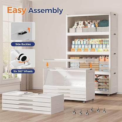 320GAL Extra Large Storage Bins with Lid, 1280QT Collapsible Organizer with Wheels, Stackable Closet Cabinet with Doors, Folding Storage Containers for Home, Office, Kitchen, 4Pack White
