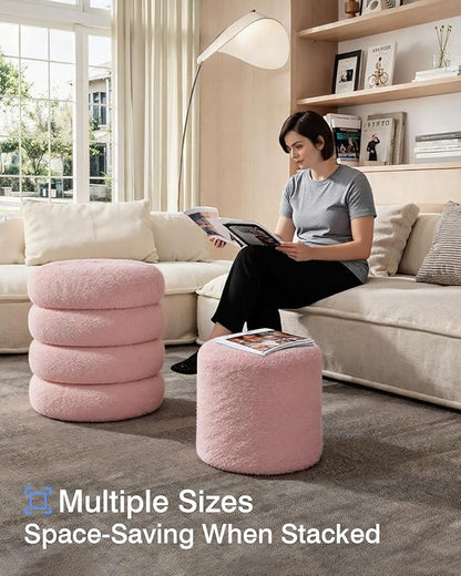 Round Set of 2 Sherpa Storage Ottoman Stool Boucle Vanity Stool Footstool with Removeable lid Load up to 440 lbs for Livingroom Bedroom Pink UASND68P