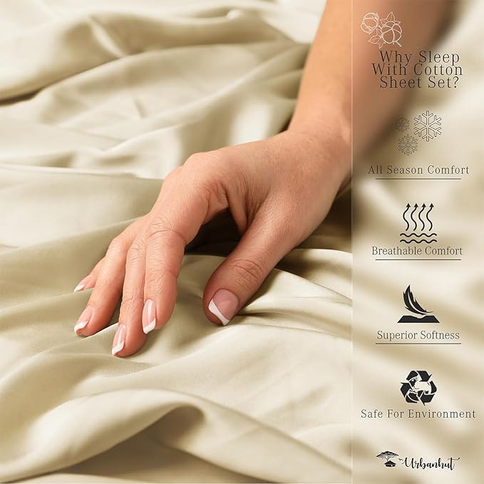 URBANHUT 800 Thread Count 100% Cotton Full Size Sheets, Luxury 4 Piece Full Bedsheets, Hotel Sheets Sateen Finish - Better Than Egyptian, 16" Elasticized Deep Pocket - Sand
