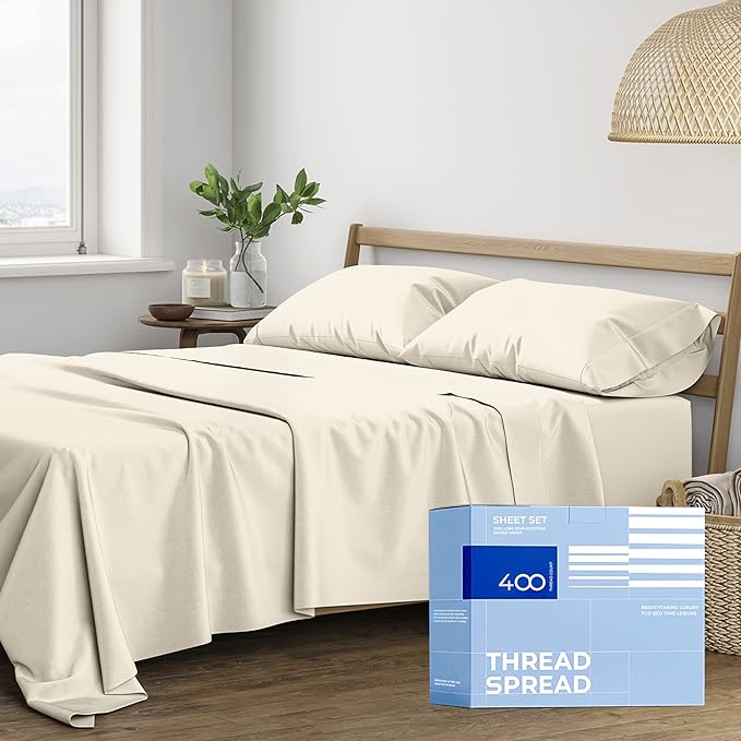 THREAD SPREAD 100% Cotton Full Size Bed Sheet Set - 400 Thread Count, Soft, Cooling Sheets for Full Bed, Luxury Hotel Sheets, Fits Upto 18" Deep Pocket Mattress (Ivory)