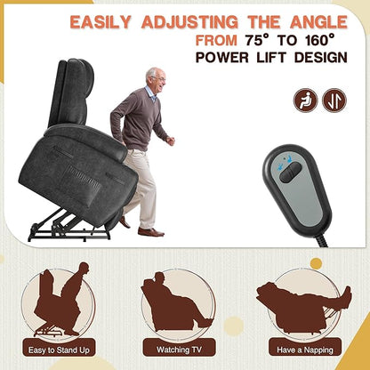 Electric Power Lift Recliner Chair with Massage for Elderly Corduroy Fabric Recliner Single Sofa with Cup Holders, Side Pockets and Remote Control for Living Room Bedroom (Leathaire, Dark Gray)
