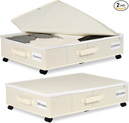 Under Bed Storage with Wheels, 2 Pack Under Bed Storage Containers with Label Holders for Clothes, Shoes and Blankets, Rolling Underbed Shoe Organizer with Cover, Beige (30.71x15.7x7.28 in)