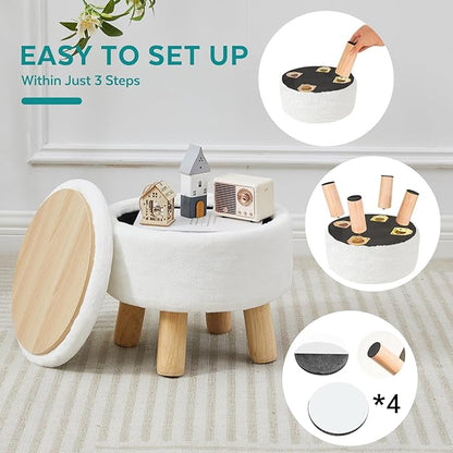FIMIVIBI Small Foot Stool Ottoman with Storage, Soft Faux Fur Ottoman Foot Rest for Couch, Round Footstool with Storage, Small Ottomans and Footstools for Living Room and Entryway (White)