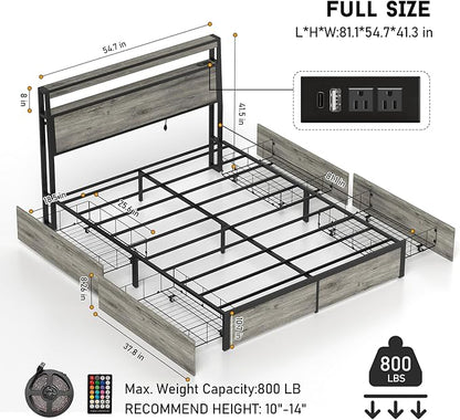 Full Size Bed Frame with 4 Storage Drawers and Headboard with Charging Station and LED Lights,2 Tier Solid Wood Headboard Storage/Noise Free/No Box Spring Needed/Remote Control/Rustic Grey