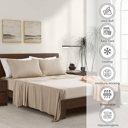 Luxury Bamboo Market | King Size Bed Sheet Set | 100% Viscose Made from Bamboo | Organically Grown | Ultra Soft | Cooling Sheets for Hot Sleepers | 17" Deep Pocket [Dune]