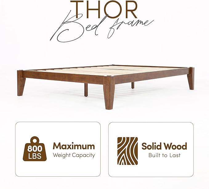 Thor Bed Frame Queen - Solid Wood Platform Bed - Japanese Joinery Bed Frame - Wood Slat Support - No Box Spring Needed - Easy Assembly - Minimalist & Modern Style (Walnut)