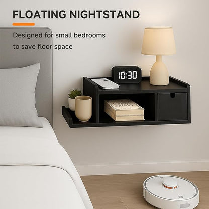Floating Nightstand with Drawer & Shelf,Wall Mounted Bedside Table for Small Bedrooms,Modern Black End Table with Space Saving Design（Black）