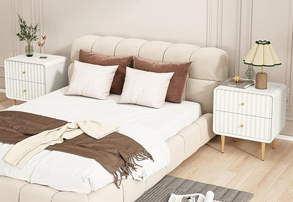 HLR Modern Nightstand, Fluted Bed Side Table with 2 Drawers Storage, Wood End Table with Gold Metal Handle, White Night Stands for Bedroom
