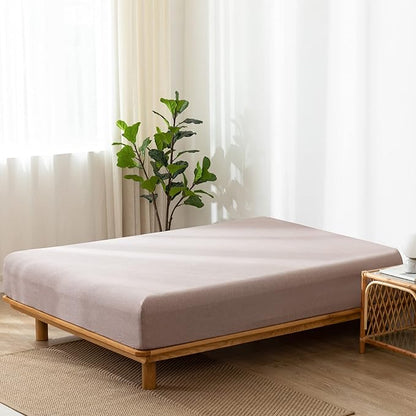 MooMee Fitted Bottom Sheet Only 100% Washed Cotton Linen Like Textured Breathable Durable Soft Comfy Deep Pocket Fits Mattress up to 17" (Mauve Brown, California King)