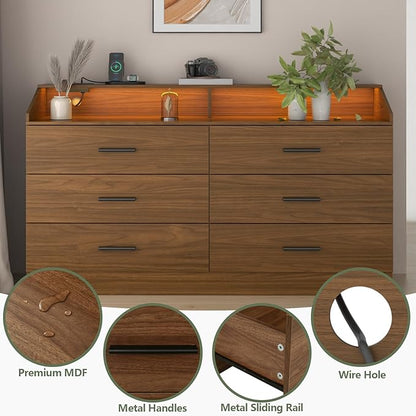 6 Drawer Dresser with Power Outlet, Chest of Drawers with LED Light, Modern Dresser with Open Storage Cubby, Double Wide Dressers Organizer for Bedroom, Living Room, Entryway,Hallway