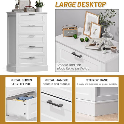 White Dresser for Bedroom, Wood Dresser with 5 Drawers, Chest of Drawer for Bedroom Living Room Entryway Hallway, Modern Farmhouse Style Black Handles 47" Tall
