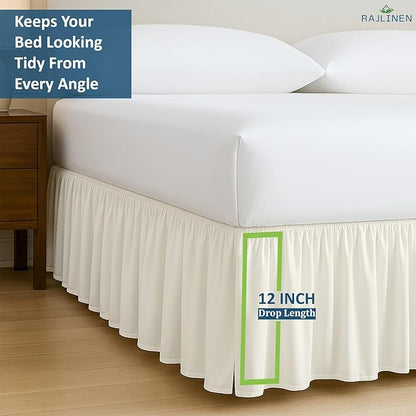 Rajlinen Ruffled Bed Skirt King, 12 Inch Drop Dust Ruffle with Split Corners, 100% Microfiber Bedskirt with Platform, Three-Sided Coverage Ruffled Gathering Design, Ivory