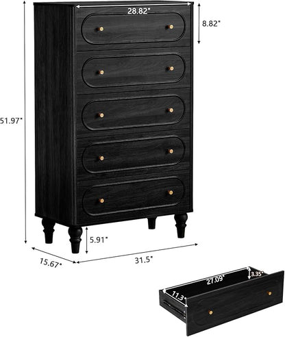 ORRD 5 Drawer Fluted Dresser for Bedroom, Mid Century Modern Chest of Drawers, Wood Storage Large Dresser Organizer for Bedroom Living Room Hallway Closet, Black