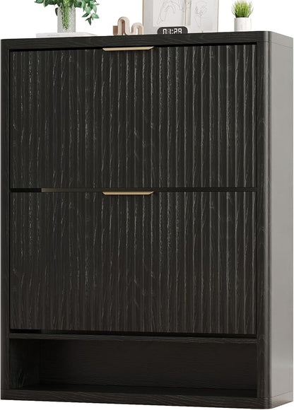 Fluted Shoe Cabinet Storage with 2 Flip Drawers, Narrow Shoe Storage Organizer for Entryway, Hidden Slim Wooden Shoe Rack Cabinet for Front Door Entrance, Hallway, Living Room (2-Drawer, Black)