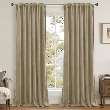 LAMIT Dark Taupe Velvet Curtains 96 Inch for Living Room, Thick Thermal Insulated Curtains Room Darkening Country Decor Back Tab and Rod Pocket Panels for Bedroom, 2 Panels, 52 x 96 Inch