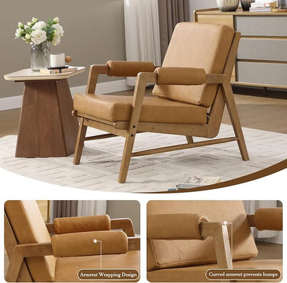 HEAH-YO Modern Accent Chair Set of 2, Upholstered PU Leather Living Room Chair with Wooden Frame, Comfy Armchair with Thick Cushion for Bedroom Balcony, Brown