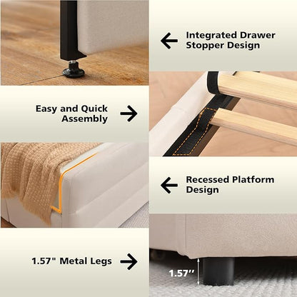VELOCAVA Full Size Upholstered Platform Bed Frame with Storage Drawers, Tall Headboard and Footboard, Modern Fabric Bed with Slatted Support, No Box Spring Needed, Space-Saving Design for Bedroom