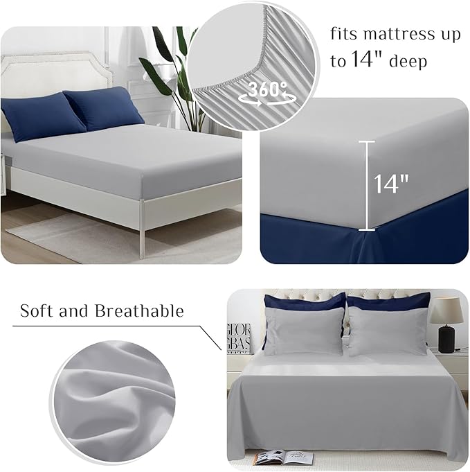 JOLLYVOGUE Queen Comforter Set, Ultra-Soft Bed in a Bag Queen Size 7 Pieces, Oeko-TEX Certified Bedding Set with Down Alternative Comforter, Sheets, Pillowcases & Shams, Navy Blue & Light Grey