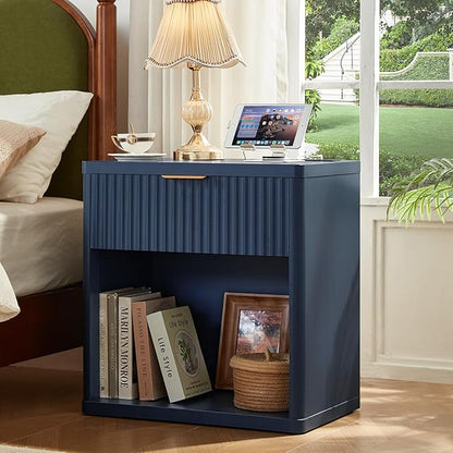 LEYAOYAO 48" Wide Fluted Dresser and 1 Drawers 23" Nightstand Set of 2, Wooden Dresser & Night Stand with Charging Station, 3 Piece Bedroom Furniture Set, Chest of Drawer for Living Room,Blue