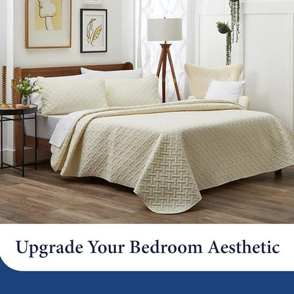Cosy House Collection Luxury Rayon Derived from Bamboo 3-Piece Quilt Set - Ultra Soft Quilted Coverlet Bedspread - Classic Weave Stitch - Includes Quilt and 2 Pillow Shams (Full/Queen, White)