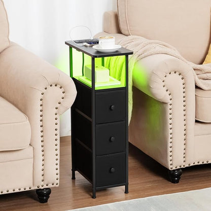 LOAKEKEL Narrow End Table Living Room with Charging Station, Skinny Side Table with Fabric Drawers, Slim LED Nightstand for Bedroom, Small Spaces, Couch, Black, HETNDP03LBK-1