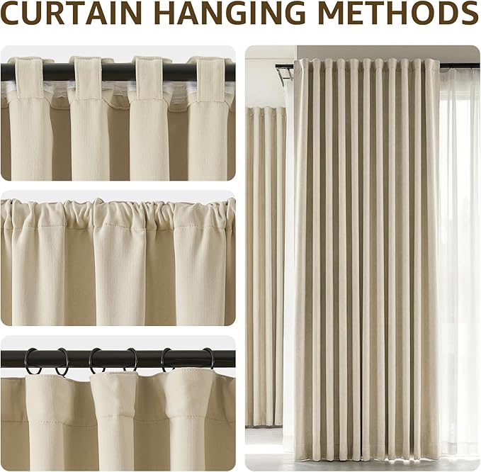 jinchan Chenille Blackout Curtains 96 Inches Long Beige Thermal Insulated Curtains for Living Room Bedroom 2 Panels Triple-Weave Noise Reducing Drapes Back Tab Full Privacy Window Curtains 50x96 Inch