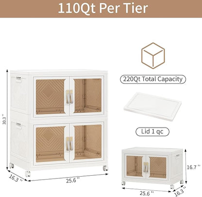 Large Stackable Storage Bins with Lids, 220QT-110QT*2Tier Foldable Cabinet for Closet Organizers, Plastic Storage Containers Box with Wheels