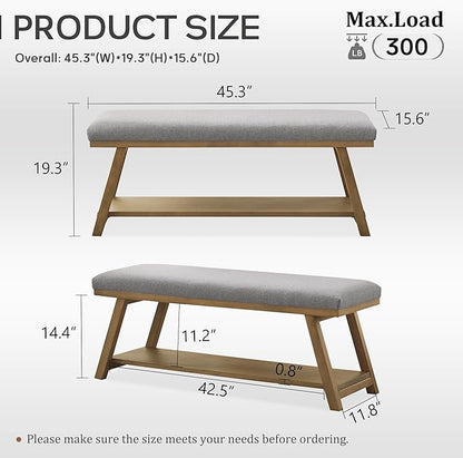 45" Entryway Bench Upholstered Storage Bench for Bedroom Shoe Rack Bench for Living Room, Hallway, Mudroom, Balcony, Sturdy Indoor Bench Seat Holds Up to 300 lbs (Grey)