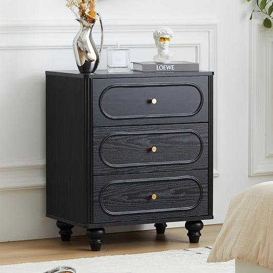 Fluted 3 Drawer Dresser for Bedroom, Modern Mid Century Chest of Drawers, Wood Storage Small Dresser Organizer for Bedroom Living Room Hallway Closet, Black