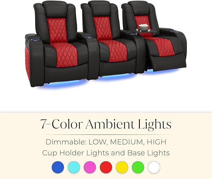 Seatcraft Diamante Zero-Gravity CoolZero Italian Leather Home Theater Seating, Power Headrest, Power Recline, Row of 3, Black/Red
