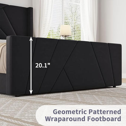 BarnFurin Full Size Upholstered BedFrame, Velvet Platform Bedwith Geometric TuftedHeadboard& Footboard, Wingback Design, attress Foundation with Wooden Slats, No Box Spring,Needed NoiseFree.Black