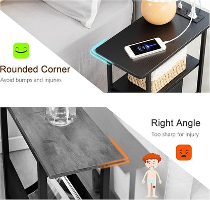 LOAKEKEL Narrow End Table Living Room with Charging Station, Skinny Side Table with Fabric Drawers, Slim Nightstand for Bedroom, Small Spaces, Couch, Black, HETNDP03BK-1