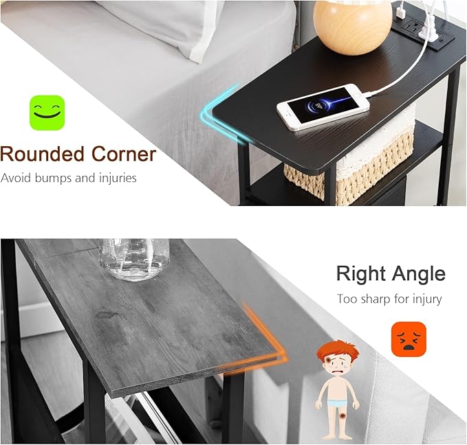 LOAKEKEL Narrow End Table Living Room with Charging Station, Skinny Side Table with Fabric Drawers, Slim Nightstand for Bedroom, Small Spaces, Couch, Black, HETNDP02BK-1
