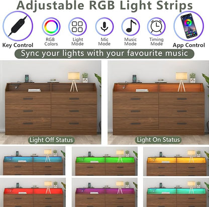 6 Drawer Dresser with Power Outlet, Chest of Drawers with LED Light, Modern Dresser with Open Storage Cubby, Double Wide Dressers Organizer for Bedroom, Living Room, Entryway,Hallway