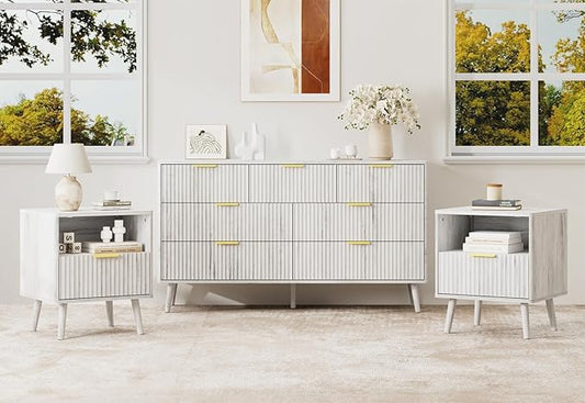 LYNSOM Fluted Dresser and Nightstand Sets 3 Piece, 7-Drawers Dresser and 1-Drawer Nightstands Set of 2, Wood Bedroom Furniture Set for Home, Bedroom, Hallway, White