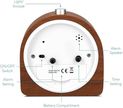 Navaris Wood Analog Alarm Clock - Half-Round Battery-Operated Non-Ticking Clock with Snooze Button and Light - Dark Brown