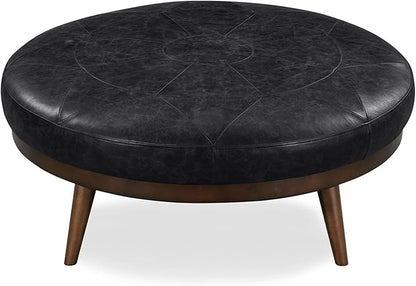 POLY & BARK Gio Ottoman – 30” Round with Feather-Down Topper – Full-Grain Leather Upholstery – Couch Ottoman for Living Room – Italian Leather in Onyx Black